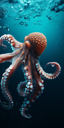 an octopus gracefully swims underwater, showcasing its large tentacles and creating bubbles. this stunning image captures the realistic and hyper-detailed style of renderings, reminiscent of zbrush techniques. the artwork showcases hyper-realistic animal illustrations, with a touch of algeapunk aesthetic. the depth of field adds depth and dimension to the image, while the artist, patrick brown, brings his unique artistic vision to life. ai generatedの素材