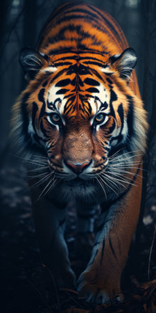 a tiger head emerges from the dense woods, captured in a detailed atmospheric portrait. this ultraviolet photograph showcases the intricate features of the majestic creature. shot in 32k uhd, the image is bathed in dark red and light orange hues, creating a captivating visual. taken with a nikon af600, the cross processing technique enhances the overall effect, making it a stunning example of macro photography.の素材