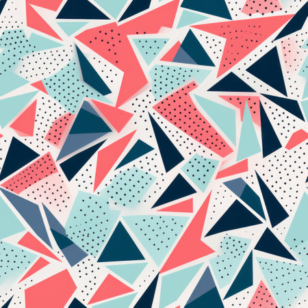 color blocks geometric seamless pattern texture featuring zigzags, triangles, and squares. the pattern is created in a pointillist style with dots and specks, incorporating light navy, light crimson, light pink, and teal colors. the design includes drips and splatters, folded planes, and free-form compositions, resulting in a bold and graphic style. ai generatedの素材