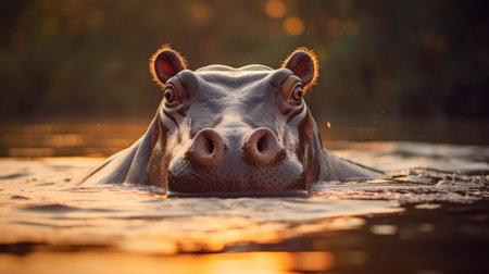 a black and white hippo emerges from the water, bathed in golden light. this quirky portrait captures the essence of the majestic creature, with its soft-focus and character-driven features. the image also incorporates complementary colors and mythological references, creating a visually captivating scene. ai generatedの素材