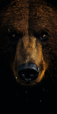 a close-up photo of a brown bear showcasing its intense facial expression. this high-resolution image, captured in 32k uhd, features dark symbolism and a manipulated photography style. the bear's face is the focal point, emphasizing its emotions. the image has a cinematic quality, reminiscent of ad posters, and is created using cryengine technology, resulting in a matte photo effect. ai generatedの素材