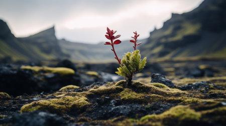 an icelandic mossy plant thrives in a rocky area, captured beautifully with the canon ts-e 17mm f4l tilt-shift lens. the vibrant colors of light red and dark navy add depth to the scene, while the tokina at-x 11-16mm f2.8 pro dx ii lens enhances the pastoral charm. this photo exudes a miniaturecore aesthetic, reminiscent of the iconic fujifilm gw690iii. ai generatedの素材