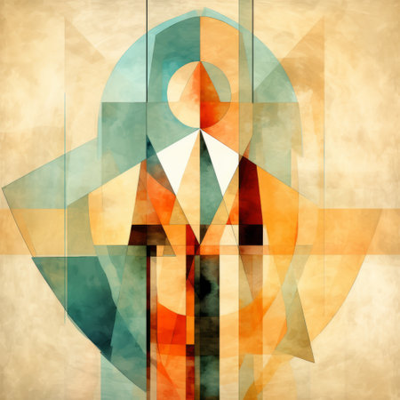 a man stands on a geometric surface, dressed in a suit, reminiscent of geometric abstract art. the colors of light aquamarine and amber create a rustic figurative atmosphere. the composition is well-balanced, with hints of religious symbolism. the classical proportions and vibrant colors make for a captivating and colorful composition. ai generatedの素材