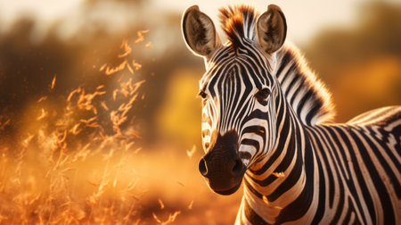 a zebra with unique tan markings on its head stands gracefully in a lush field of grass. the photo showcases captivating light effects and a warm color palette, enhancing the zebra's explosive pigmentation. sunrays gently shine upon the zebra, creating subtle tonal values and adding depth to the layered imagery. the composition captures a moment of subtle irony, making the photo truly captivating. ai generatedの素材