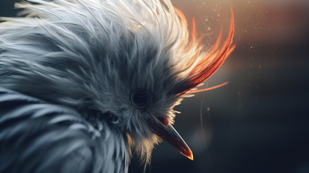 a bird with abundant feathers on its head, captured in a realistic lighting style using ray tracing. the image showcases a combination of dark white and light red tones, reminiscent of the artistic style of mikalojus konstantinas ciurlionis. the photograph features a low depth of field, highlighting the intricate details of the bird's feathers. the overall aesthetic reflects elements of industrial and product design, withの素材