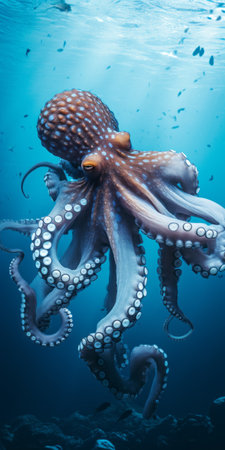 an octopus gracefully swims with its tentacles reaching out of the water in this photorealistic image by alexandr averin. the dark sky-blue and light white colors create a stunning contrast, while the hard surface modeling showcases intricate detailing. this uhd image captures the depth of layers and showcases the precisionist style. ai generatedの素材