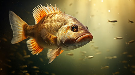 a fish swimming in the ocean, captured in a realistic hyper-detailed rendering. the fish is depicted in dark gold and light amber hues, creating a visually striking image. this uhd photograph was taken using a graflex speed graphic camera, resulting in a high-quality national geographic-worthy photo. the fish's strong facial expression is beautifully portrayed through the digital painting technique used. ai generatedの素材
