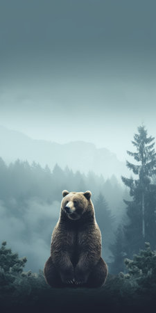 a brown bear sits on a rock on a foggy day, showcasing a minimalist background. this digitally manipulated image, with a forestpunk and swiss style, captures the essence of nature. the 8k resolution enhances the cold and detached atmosphere. ai generatedの素材
