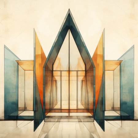 a digital illustration featuring precise and detailed geometric shapes in light orange and dark aquamarine colors. the artwork is inspired by architecture paintings and showcases transparency and confessional elements. created using the bryce 3d software, this illustration captures the essence of abrupt and modern design. ai generatedの素材
