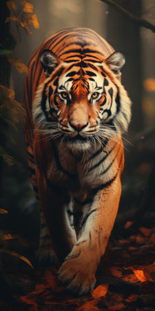 a tiger wallpaper for mobile, tablet, and desktop in hd 1080p. captured with the panasonic lumix s pro 50mm f14 lens, the image showcases a tiger in a moody and realistic setting. the colors of light orange and dark maroon create a captivating atmosphere. the photo is enhanced with cross processing and multiple filter effects, giving it a unique junglecore aesthetic. ai generatedの素材