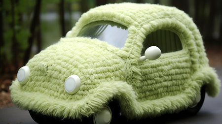 a green fuzzy toy car, reminiscent of hiroshi nagai's style, is captured on a street. this sustainable design, crafted by suguru tanaka, showcases textured fabrics and a detail-oriented approach. nelleke pieters' unique touch is evident in the car's construction, which incorporates elements made of insects. ai generatedの素材