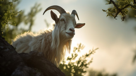 white goat standing beside a tree at sunset, capturing the essence of viennese actionism. this close-up shot by bill gekas showcases the intense and lively facial expressions of the goat. the style is reminiscent of elba damast and pascale campion's work, adding depth and artistic flair to the image. ai generatedの素材