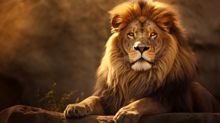 a lion perched on a rock, basking in the warm glow of a breathtaking sunset. this hyper-realistic portrait captures the majestic creature in a blend of light gold and light brown hues. the photo, taken by kevin hill, showcases a creative commons attribution. with its color splash effect and close-up composition, this high-quality image truly mesmerizes. ai generatedの素材