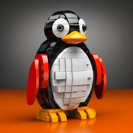 an orange penguin lego figure stands out in a black and white grayscale composition, created using daz3d. the vibrant colors of the lego piece contrast with the monochromatic background, highlighting the rounded shape of the character. the use of light black and red adds depth and character to this unique depiction of an animal. ai generatedの素材