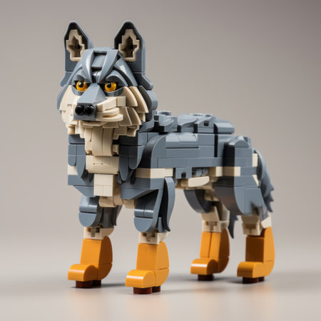 a lego wolf sculpture, resembling the nikon d850 camera, showcases a unique blend of light navy and gray colors. with the helios 44-2 58mm f2 lens, this creation boasts bold structural designs. inspired by cryptid academia, the sculpture's aesthetic is characterized by a sparse and simple composition, predominantly in shades of gray and amber. ai generatedの素材