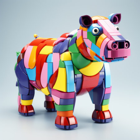 a small colorful statue of a hippo stands on a gray surface, showcasing a cubist deconstruction style. with low resolution and a toycore aesthetic, this multilayered sculpture features plasticien elements, including stripes and shapes. the brightly colored design adds vibrancy to the overall composition. ai generatedの素材