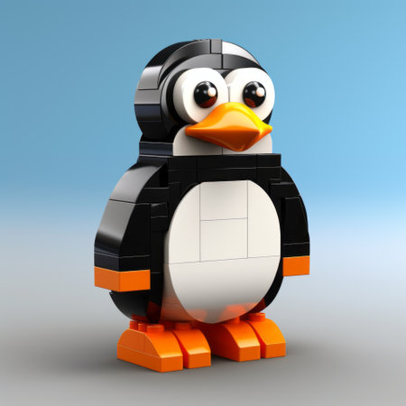 a penguin in black and orange stands out against a vibrant blue background. this photo showcases a unique style of modular construction, with high levels of detail and toy-like proportions. the penguin is depicted in a combination of dark white and light gray, while the wide-angle lens captures the bright color blocks in a clean and streamlined manner. ai generatedの素材