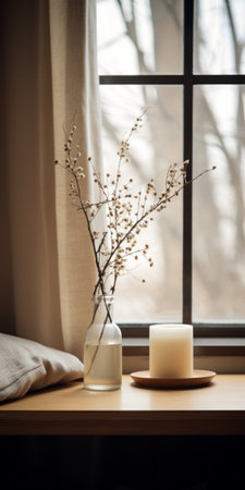 a candle is being lit on a wooden table near the window, surrounded by twisted branches, delicate flowers, and utilitarian objects. the photo showcases a soft and muted color palette, capturing the essence of naturecore. this high-quality, uhd image beautifully combines elements of nature and simplicity. ai generatedの素材