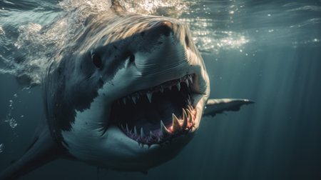 the white shark, captured in a photographically detailed portrait, is swimming with its mouth open. the image showcases a close-up view of the shark, highlighting its dark white and light amber coloration. the use of photo-realistic techniques in this sketchfab rendering creates a captivating and immersive experience. this unique depiction merges elements of cryptidcore and cryengine aesthetics. ai generatedの素材