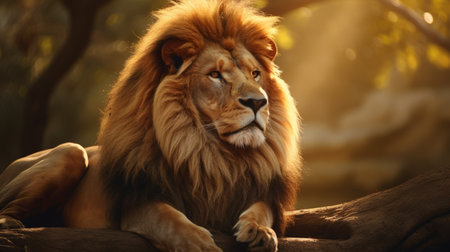 Photo for a majestic lion rests peacefully on a tree branch as the sun sets, creating a mythical ambiance. this photorealistic portrait captures the beauty of the lion's brown fur, while sunrays illuminate its regal presence. the image evokes a sense of aristocracy and is reminiscent of unreal engine 5's stunning visual depictions. ai generated - Royalty Free Image