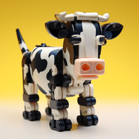 a lego cow, in vibrant pop art-inspired colors, stands gracefully while munching on some grass. the image showcases a blend of light black and light beige hues, creating a unique industrial and technological aesthetic. the cow's dynamic balance is highlighted by the contrasting dark yellow and white tones. this ultra-high-definition image captures the essence of characterized animals in a visually captivating way. ai generatedの素材