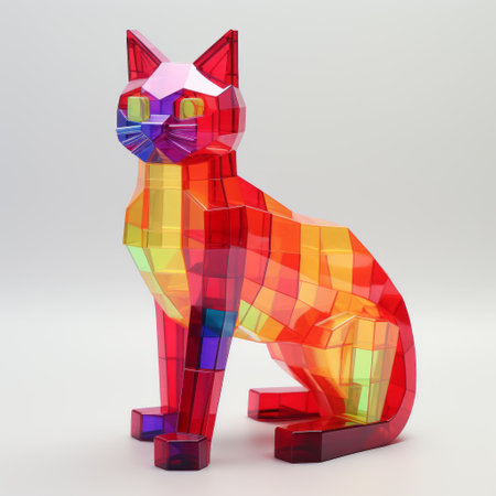 a polystyrene-colored cat with translucent geometries, showcasing vibrant primary colors like light crimson and dark azure. this 8k 3d image captures the bold and striking appearance of the cat, resembling a maquette with rainbowcore elements and symbolic objects. ai generatedの素材