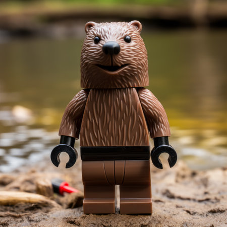 a small brown bear stands near a body of water, exuding an adventurous vibe. this rubber-made bear captures attention with its random ravels and blocky appearance. the image showcases stark contrast and is reminiscent of the group f64 style, while the back button focus ensures a sharp and detailed portrayal. ai generatedの素材