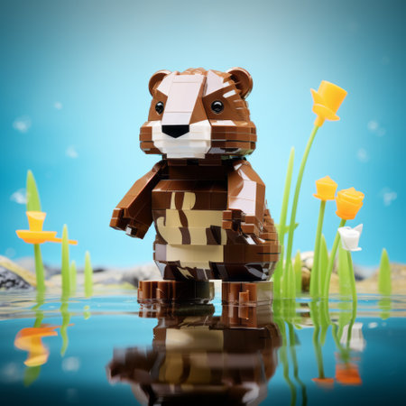 a lego beaver, digitally manipulated, is seen in a shallow depth of field, surrounded by rocks and flowers. the image showcases realistic animal portraits, with the clever use of light and shadow. the composition features stripes and shapes, creating a visually appealing and pixel-perfect scene. the overall aesthetic is sparse and simple, adding to the charm of the photograph. ai generatedの素材
