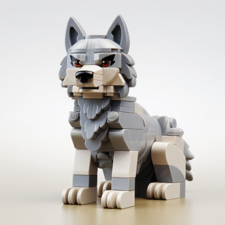 a photorealistic rendering of a lego wolf with gray skin and black eyes. this luxurious geometry creation features simplified dog figures in light silver and light brown. the aurorapunk style is enhanced by bold colors, strong lines, and sharp focus, resulting in a visually striking image. ai generatedの素材