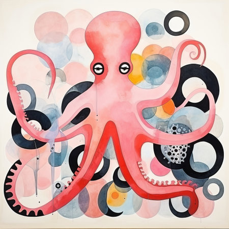 an octopus is depicted in a childlike abstract style, surrounded by a vibrant background of black circles and pink lines. the artwork features light red and light gray tones, created using playful watercolors. the octopus is made of rubber and stands out with its bright colors, bold shapes, and unique character. the composition adds a touch of quadratura to the overall visual appeal. ai generatedの素材