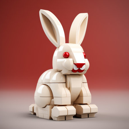 a lego rabbit, rendered using vray tracing, is seen lying face down. the rabbit is made of light beige and red bricks, showcasing a modular constructivism style. the image captures classical proportions and features clean and sharp inking. it beautifully depicts animals, with a touch of cinestill 50d aesthetic. ai generatedの素材