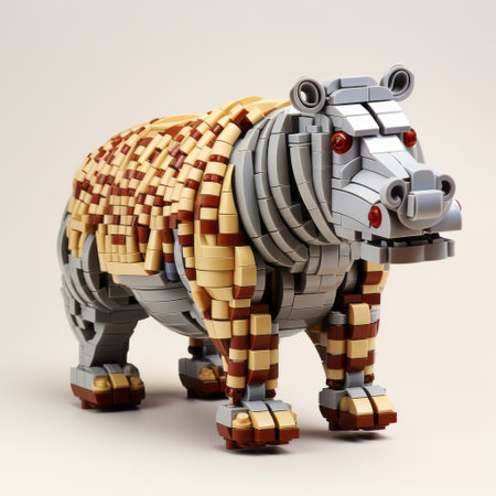 a lego hippo, inspired by dayak art, gazes at the camera. this hyper-detailed rendering showcases its light silver and brown color scheme, adorned with intricate stripes and shapes. the mosaic-like, interlocking structures create a minimalistic yet captivating design, reminiscent of canine sculptures. ai generatedの素材