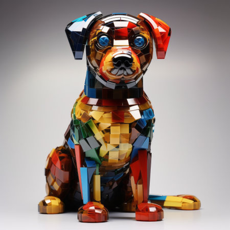 a lego dog sculpture, crafted with colorful pieces, sits on a white background. this hyperrealistic and photorealistic creation showcases a stained glass effect, resembling liquid metal. despite its low resolution, the photographically detailed portraitures of this urban art piece are truly captivating. surprisingly, this intricate sculpture is made entirely out of cardboard. ai generatedの素材