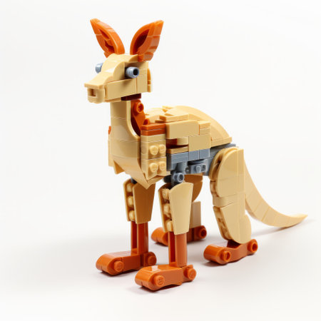 a lego kangaroo with a brown body is captured in this photo taken with a nikon d750. the kangaroo stands on a white background, showcasing its machine-like forms. the color palette includes light orange, light beige, light yellow, and light indigo, creating a visually appealing contrast. the artwork features intricate dragon art and is packed with hidden details, showcasing biomorphic forms. ai generatedの素材