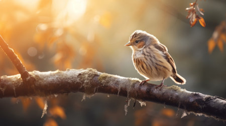 a stunning bird perched gracefully against a vibrant autumn sunset. the photograph captures a romantic and ethereal ambiance with its soft focus and dreamy lighting. the bird's feathers showcase a mesmerizing blend of light brown and violet hues, resembling striated resin veins. this atmospheric woodland imagery is a testament to the photographer's innovative techniques, making it a deserving contest winner. ai generatedの素材