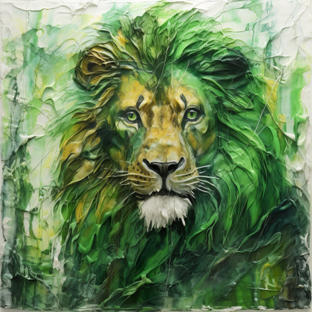 a wall mounted painting of a green lion, created in the style of emotional naturalism. this uhd image showcases the intricate details and vibrant colors of the traditional oil painting. the artist skillfully used a palette knife technique to create texture and depth in this captivating oil portraitures. ai generatedの素材