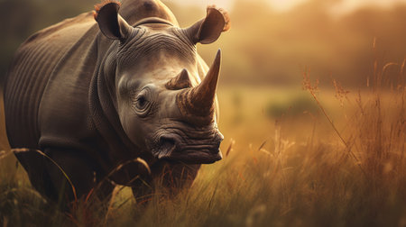 a rhino stands in a field, showcasing a realistic depiction of light and dark tones with hints of white and amber. the image is captured using tilt-shift lenses and a large format lens, resulting in a detailed portrayal of the rhino's facial features. this nature-inspired imagery has earned the photo the title of contest winner. ai generatedの素材