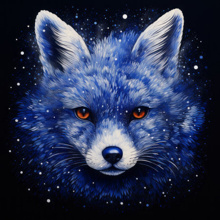 a blue fox gazes at a mesmerizing starry night, depicted with vibrant color gradients and hyper-detailed realism. the artwork showcases elements of dark matter art, featuring a captivating blend of dark white and dark orange hues. created using a combination of ink and color, the piece exhibits monochromatic symmetry and the skillful technique of freehand painting. ai generatedの素材