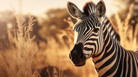 a zebra stands gracefully in a lush grassy field, bathed in the warm glow of golden light. its distinct facial features and striking striped arrangements make it a captivating subject. this travel-inspired photo captures the essence of pop-culture-infused depictions of animals. iso 200 ensures a clear and detailed image. ai generatedの素材