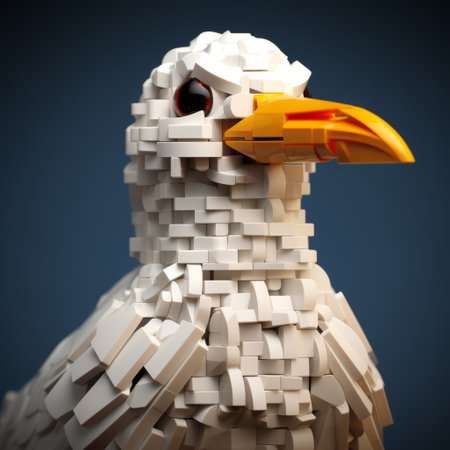 the lego bird and its head are made entirely of light-colored bricks, giving it a realistic and detailed appearance. rendered in cinema4d, this photorealistic creation showcases intricate animal portraits with a touch of zigzags and americana iconography. the maquette captures the essence of the bird with stunning clarity, all in a high-resolution image of 20 megapixels. ai generatedの素材