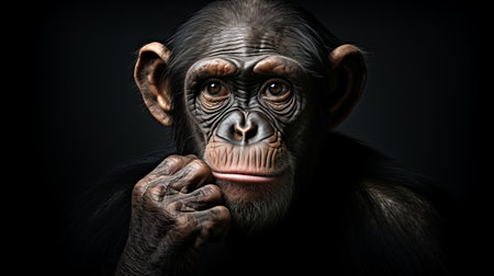 a chimpanzee posing with her hand on her chin, creating a dark and dramatic chiaroscuro portrait. this precisionist art captures the essence of candid shots of famous figures, while also incorporating elements of taxidermy and hard edge painting. the macro photography highlights the intricate details, revealing the trapped emotions depicted in this captivating image. ai generatedの素材