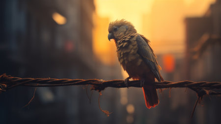 a green and yellow bird perches on a wing-shaped wire in this captivatingly atmospheric cityscape photograph. the backlit style enhances the vibrant colors of the bird, while the red and brown tones add a touch of street style realism. this uhd image, created using zbrush, showcases the sharp and prickly details of the bird against the urban backdrop. ai generatedの素材