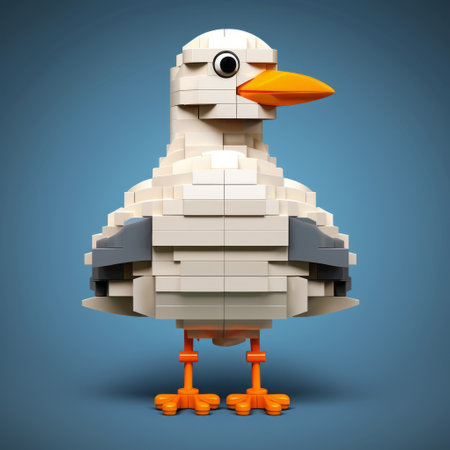a white bird made from lego bricks is showcased on a blue background, inspired by the artistic style of oleksandr bogomazov. the rendering is realistic and detailed, featuring a combination of dark beige and gray hues. this unique creation embodies elements of duckcore and john wilhelm's distinctive character design, resulting in a crisp and clean look. ai generatedの素材