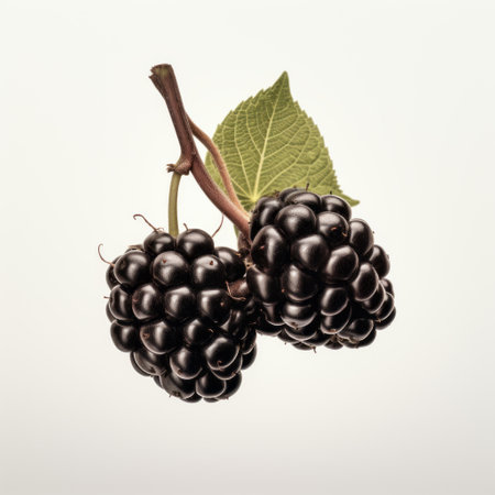 a blackberry and a leaf hang from a branch in this hyper-realistic portrait. the commercial imagery showcases minimal retouching, creating a clean and sharp inking effect. the grocery art style highlights the realistic chiaroscuro and symmetrical arrangements, making the image visually striking. ai generatedの素材
