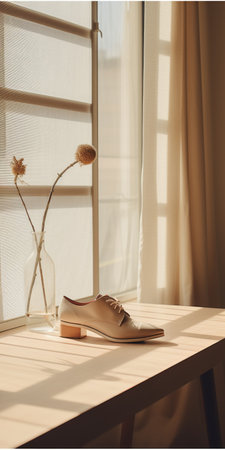 white lace shoe placed on a wooden table, showcasing a bauhaus-inspired photography style with soft edges and atmospheric effects. the light pink and light amber tones add a touch of elegance. this tabletop photograph captures the utilitarian beauty of the shoe, as sunrays gently illuminate its details. a perfect example of faux naf aesthetics. ai generatedの素材