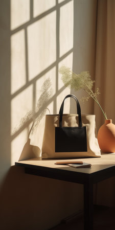 an open bag on the table with a flower and vase, showcasing a minimalist graphic designer's style. the photo features a light beige and black color scheme, with contrasting shadows adding depth. the large-scale canvas and leatherhide create a luxurious feel. the light yellow and light beige tones enhance the overall aesthetic. this high-quality photo captures the essence of modern design. ai generatedの素材