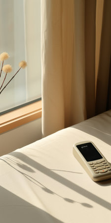 a cell phone rests on a bed, showcasing a light beige and light amber color scheme with a touch of japanese influence. the image exudes a sense of poetic intimacy, reminiscent of the windows vista era. it embodies the aesthetic of bloomcore, with its sparse and simple composition, while also boasting bold chromaticity. ai generatedの素材
