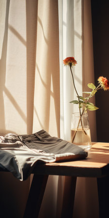 a table with a vase of flowers sits against the wall, bathed in soft light. the photo captures an everyday life scene with a touch of artistic flair. the composition showcases deconstructed tailoring and combines dark orange and light gray tones. the soft focus lens adds a dreamy quality, while the y2k aesthetic adds a nostalgic touch. ai generatedの素材