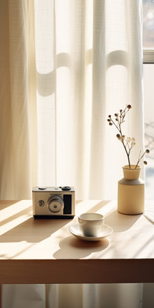 black and white retro coffee table lamp with a soft and dreamy atmosphere, reminiscent of lomography's simple use reloadable camera. the lamp features a beige and amber color scheme, adding to its vintage charm. with flower and nature motifs, it exudes a classic japanese simplicity. captured beautifully with a sony fe 85mm f/1.4 gm lens, this minimalistic lamp is a perfect addition to any space.の素材