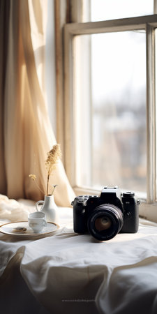 a window with curtains on the bottom and an old camera laying on top, capturing the essence of soft femininity. the image showcases soft focal points, beige and amber tones, and a monochromatic serenity. the sharp focus highlights the details of the camera, while the overall composition creates a soft and dreamy depiction, reminiscent of pictorial dreams. ai generatedの素材